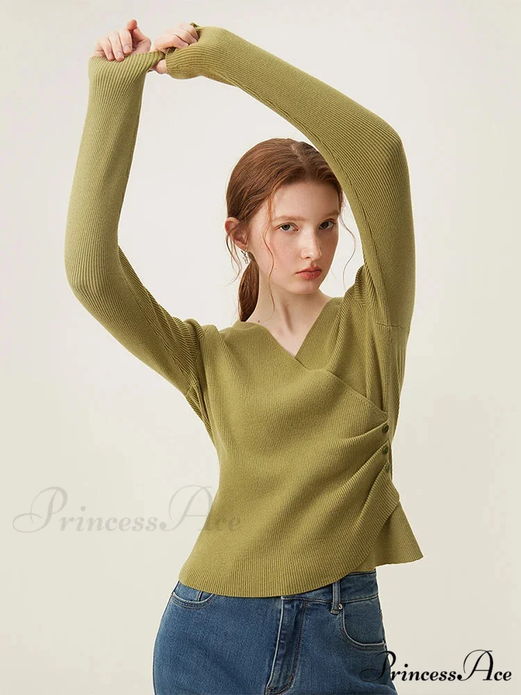 Simple V-neck Knit Lower Sweater - Image 2