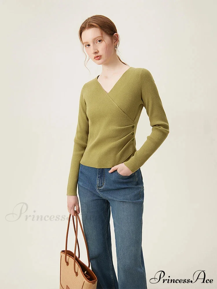 Simple V-neck Knit Lower Sweater - Image 3