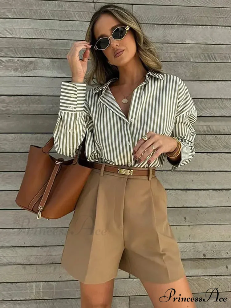Single Breasted Stripe Full Sleeve Loose Informal Blouse - Image 3