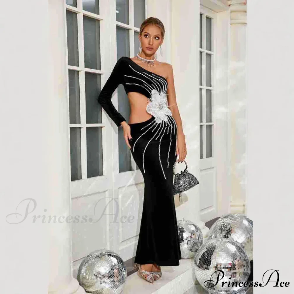 Single Shoulder Pearl Decorated Sophisticated Prom Gown - Image 2