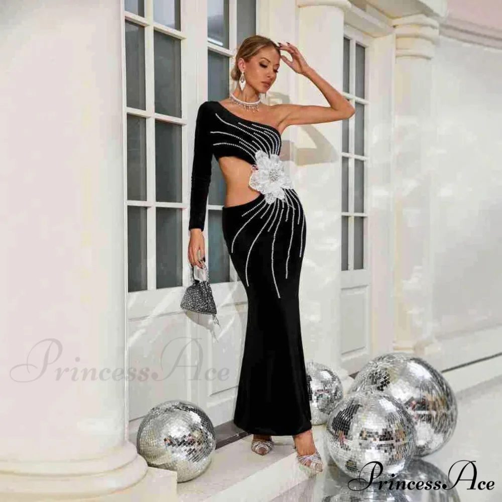 Single Shoulder Pearl Decorated Sophisticated Prom Gown - Image 4