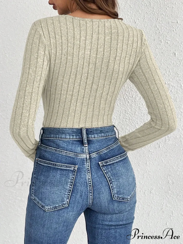Skinny Monochromatic Plunging Neckline Lace Bodysuit Women - Image 2