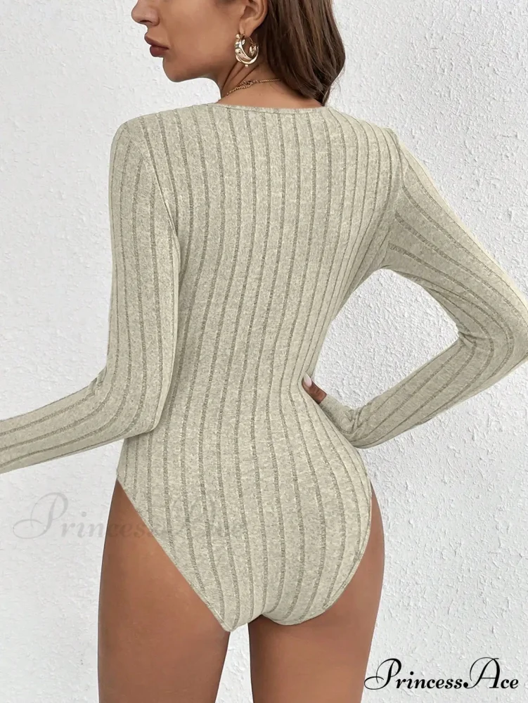 Skinny Monochromatic Plunging Neckline Lace Bodysuit Women - Image 4