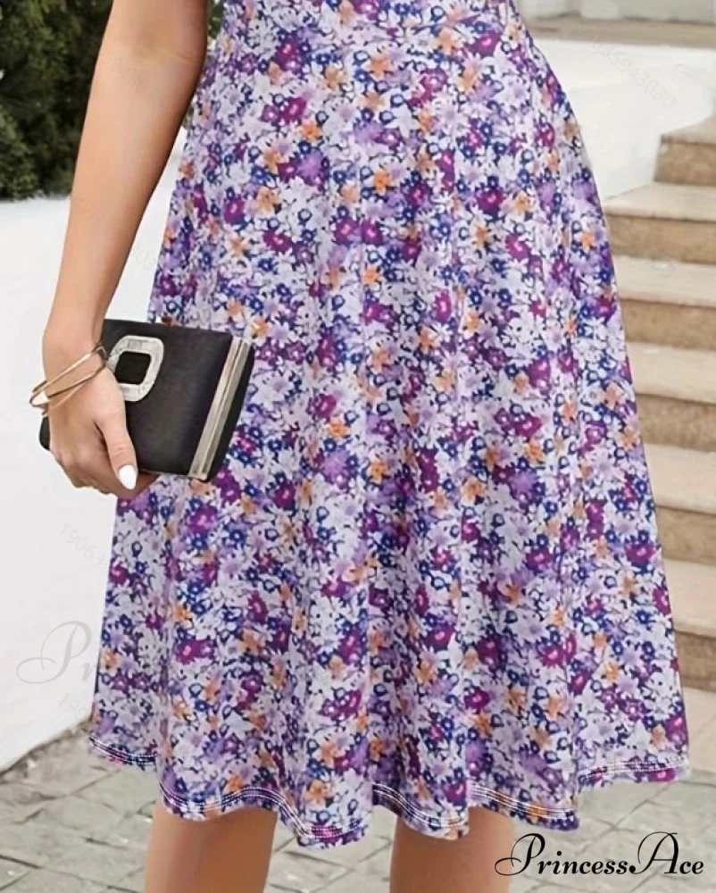 Skinny Waist Flower Pattern Summer Circular Neck Dress - Image 3