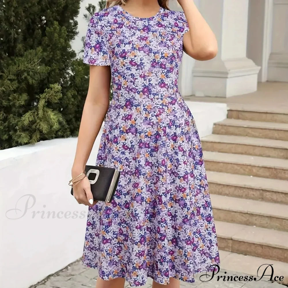 Skinny Waist Flower Pattern Summer Circular Neck Dress - Image 4