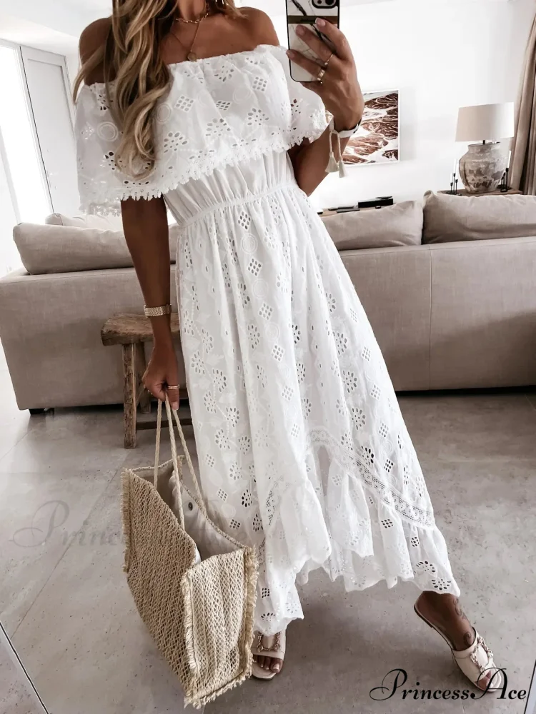 Slash Neck Embroidered Lace Hollowed Out Maxi Ivory Bohemian Dress - Image 2