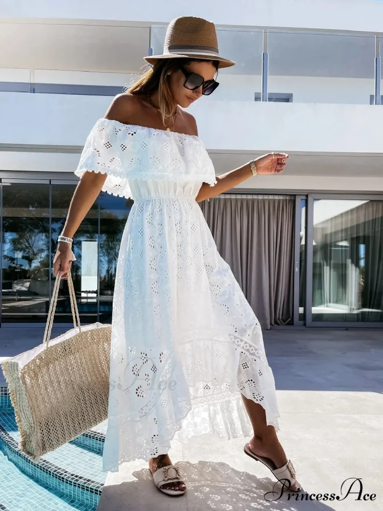 Slash Neck Embroidered Lace Hollowed Out Maxi Ivory Bohemian Dress - Image 4