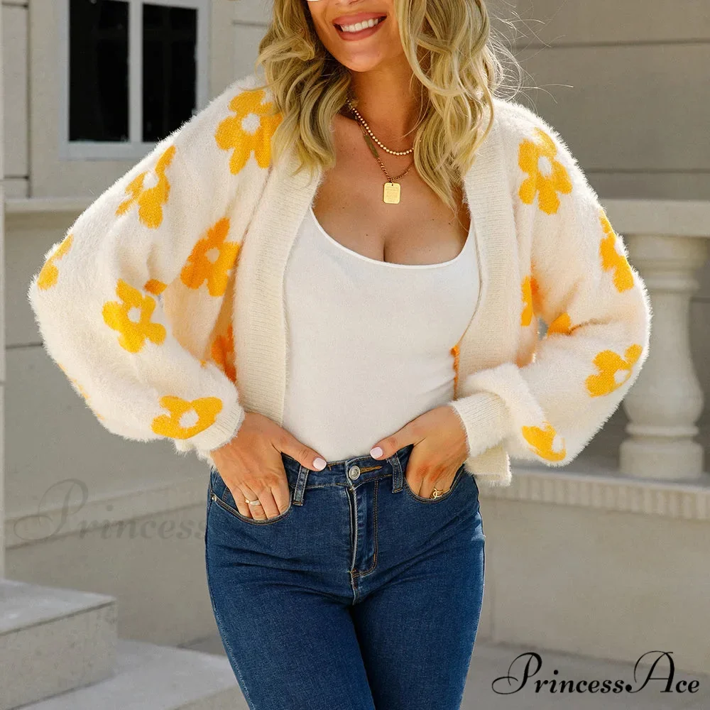 Sleeve Knitted Cropped Floral Cardigan - Image 2