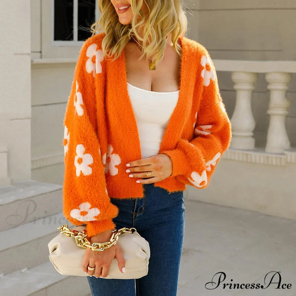 Sleeve Knitted Cropped Floral Cardigan - Image 5