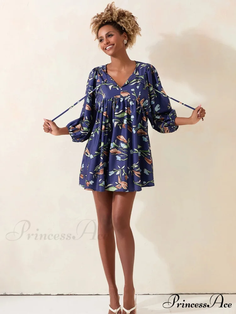 Sleeve Loose Floral Tied Bodydoll Short Floral Dress - Image 2
