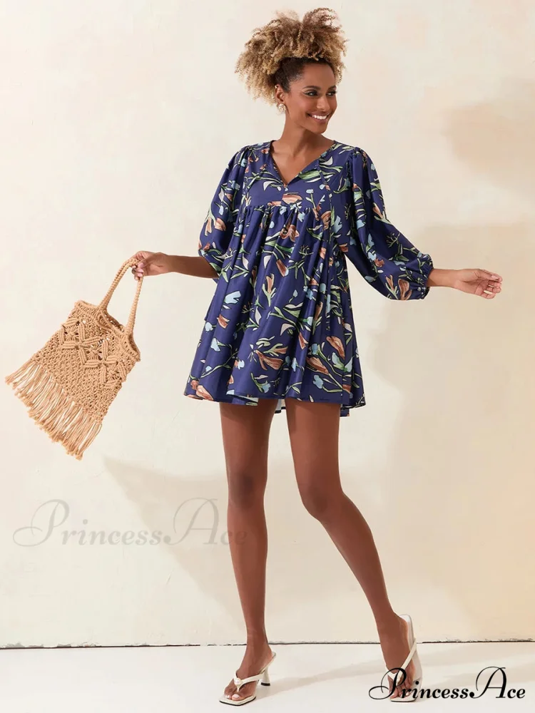 Sleeve Loose Floral Tied Bodydoll Short Floral Dress - Image 3