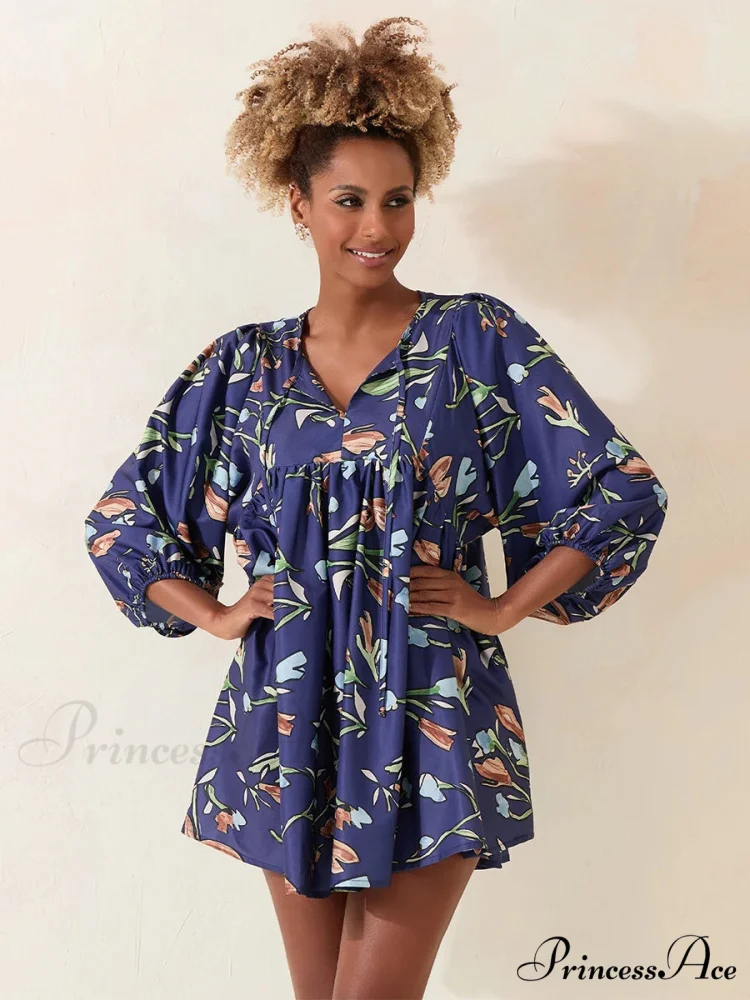 Sleeve Loose Floral Tied Bodydoll Short Floral Dress - Image 4