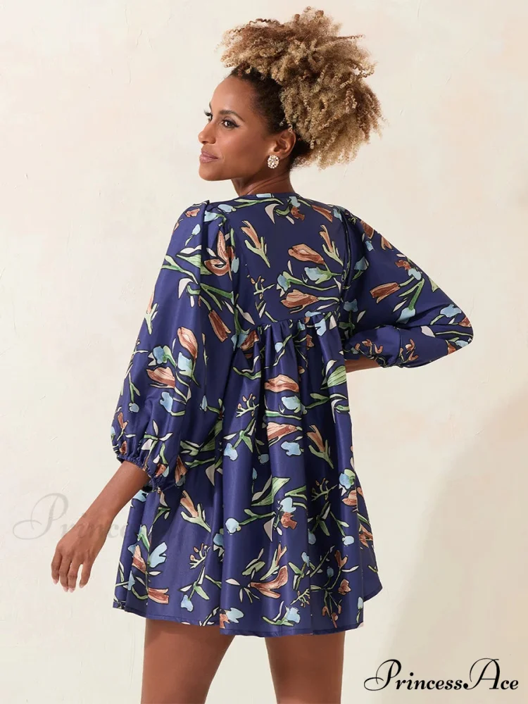 Sleeve Loose Floral Tied Bodydoll Short Floral Dress - Image 5