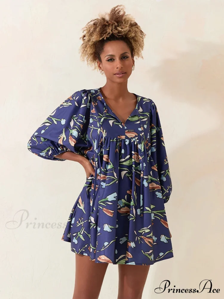 Sleeve Loose Floral Tied Bodydoll Short Floral Dress - Image 6