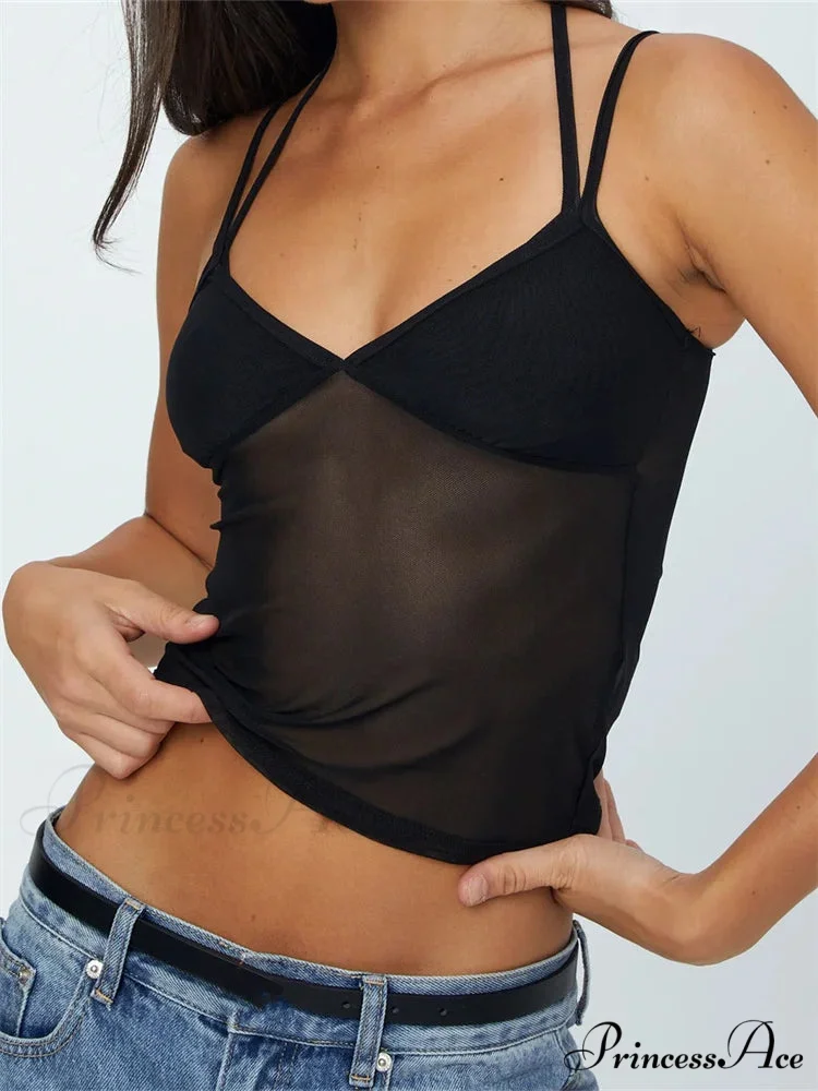 Sleeveless Band Patchwork Mesh Tank Crop Top - Image 3