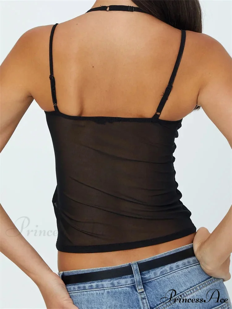 Sleeveless Band Patchwork Mesh Tank Crop Top - Image 4