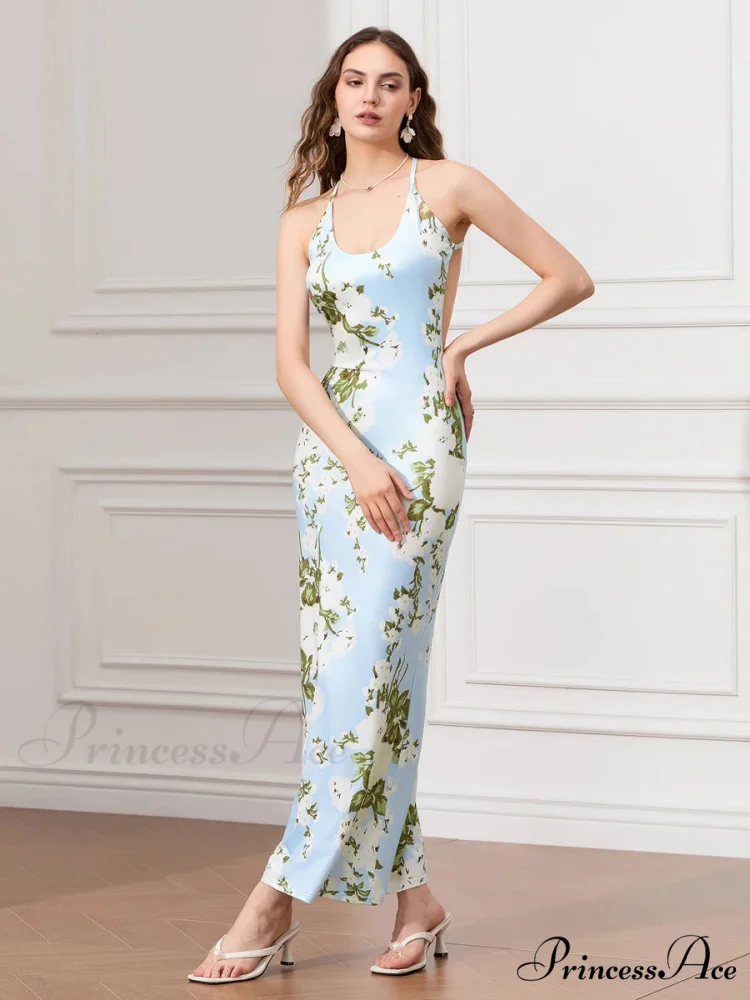 Sleeveless Celebration Spaghetti Strap U-neck Bodycon Evening Floral Dress - Image 2