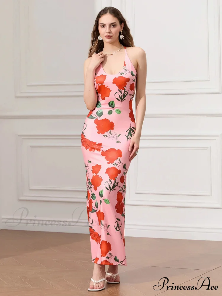 Sleeveless Celebration Spaghetti Strap U-neck Bodycon Evening Floral Dress - Image 6