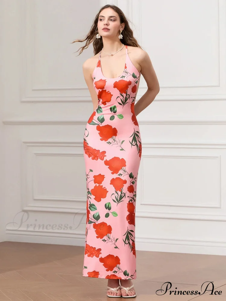 Sleeveless Celebration Spaghetti Strap U-neck Bodycon Evening Floral Dress - Image 8