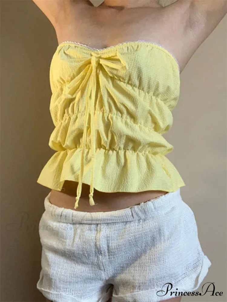 Sleeveless Checked Gathered Open-Back Tube Crop Top - Image 2
