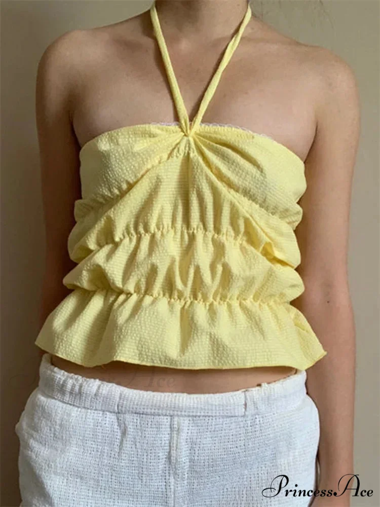 Sleeveless Checked Gathered Open-Back Tube Crop Top - Image 3