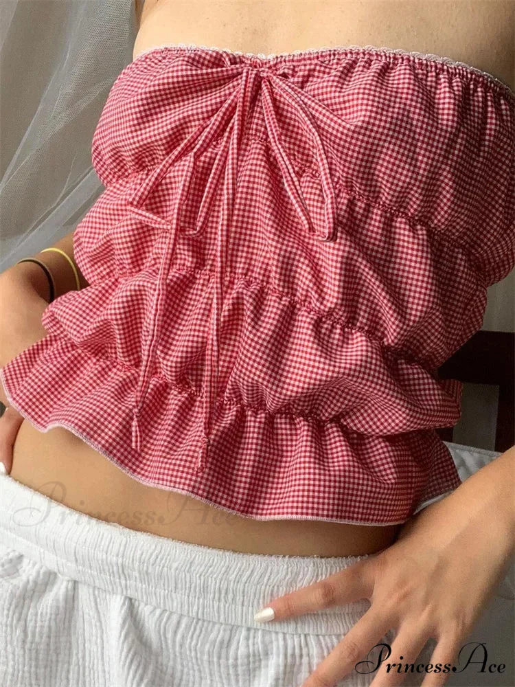 Sleeveless Checked Gathered Open-Back Tube Crop Top - Image 4