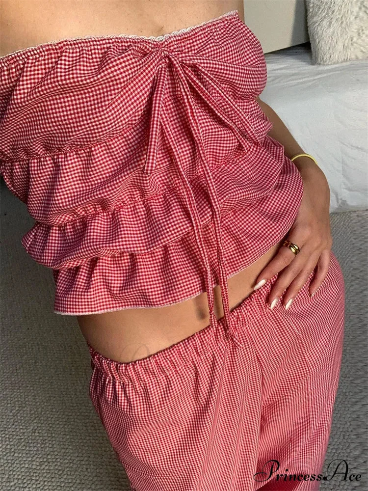 Sleeveless Checked Gathered Open-Back Tube Crop Top - Image 5