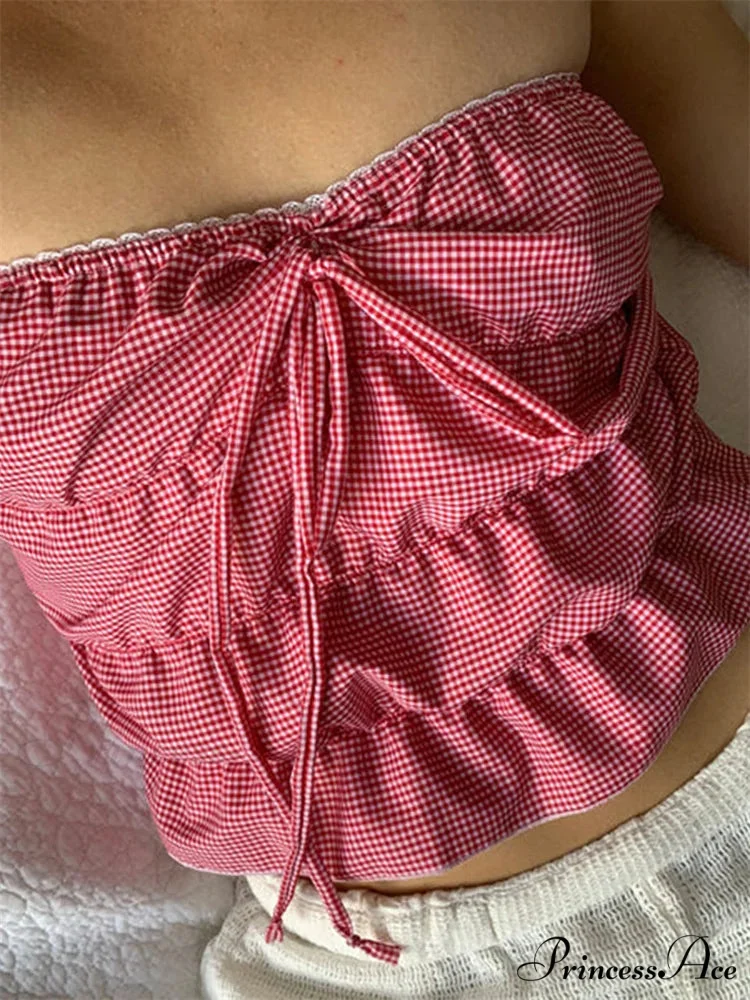 Sleeveless Checked Gathered Open-Back Tube Crop Top - Image 6