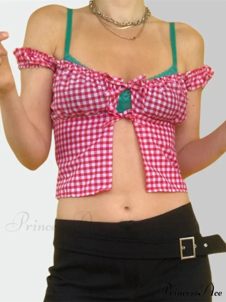 Sleeveless Checked Square Neck Tie-up Top - Image 2