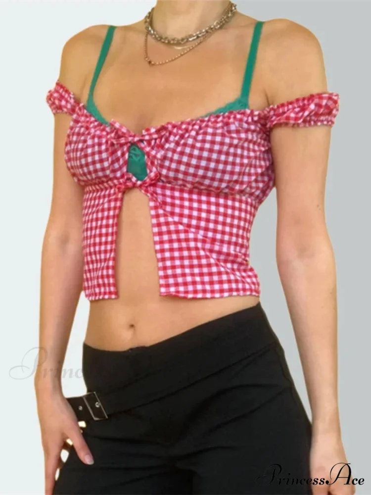Sleeveless Checked Square Neck Tie-up Top - Image 3