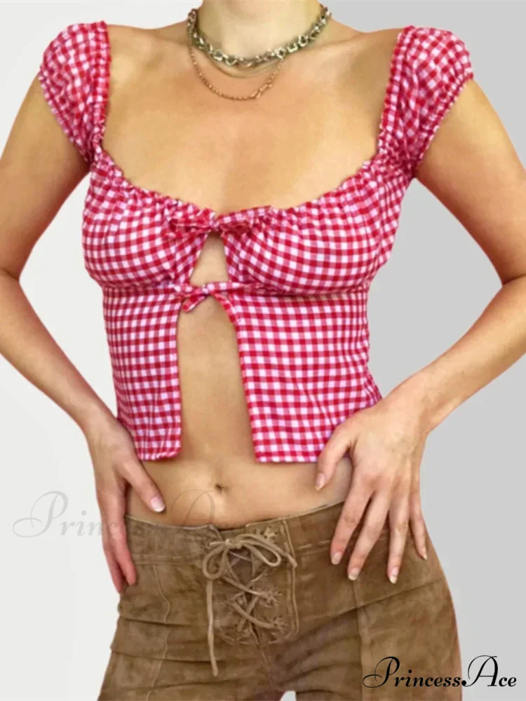Sleeveless Checked Square Neck Tie-up Top - Image 4