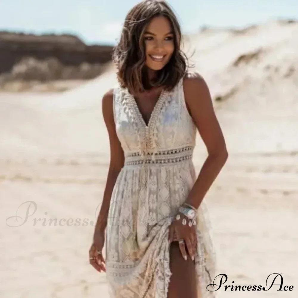 Sleeveless Corded Up Fringe Patchwork Summertime Long Hippie Dress - Image 3