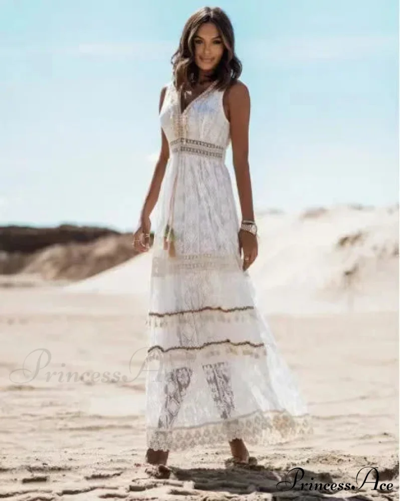 Sleeveless Corded Up Fringe Patchwork Summertime Long Hippie Dress - Image 7
