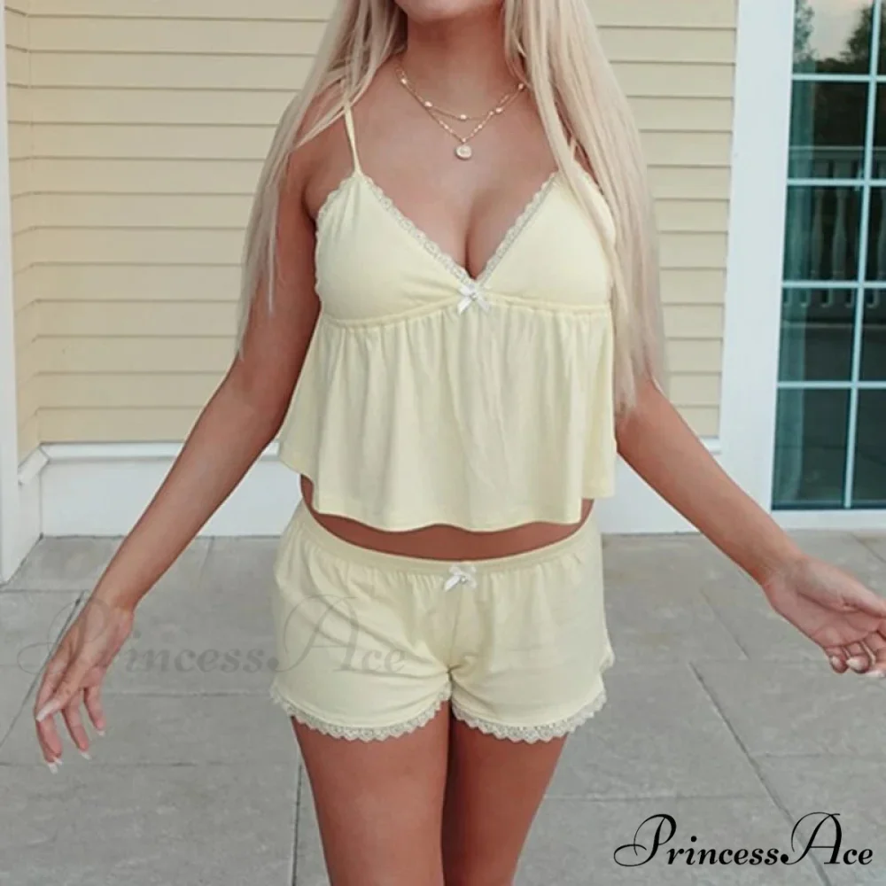 Sleeveless Deep Neck Cami Babydoll Crop Top Lace Trim Shorts Two Pieces Set - Image 2