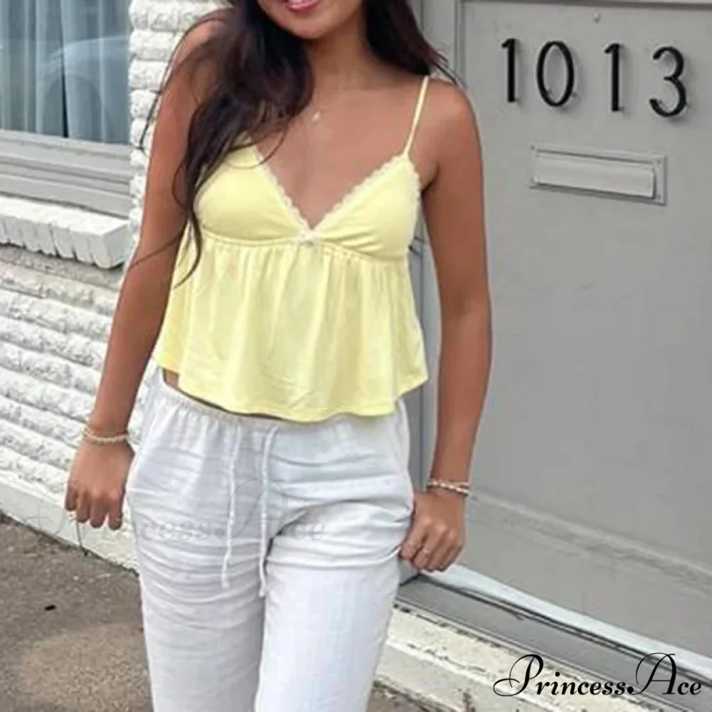 Sleeveless Deep Neck Cami Babydoll Crop Top Lace Trim Shorts Two Pieces Set - Image 3