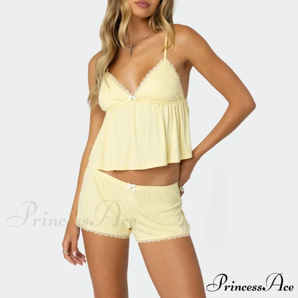 Sleeveless Deep Neck Cami Babydoll Crop Top Lace Trim Shorts Two Pieces Set - Image 4