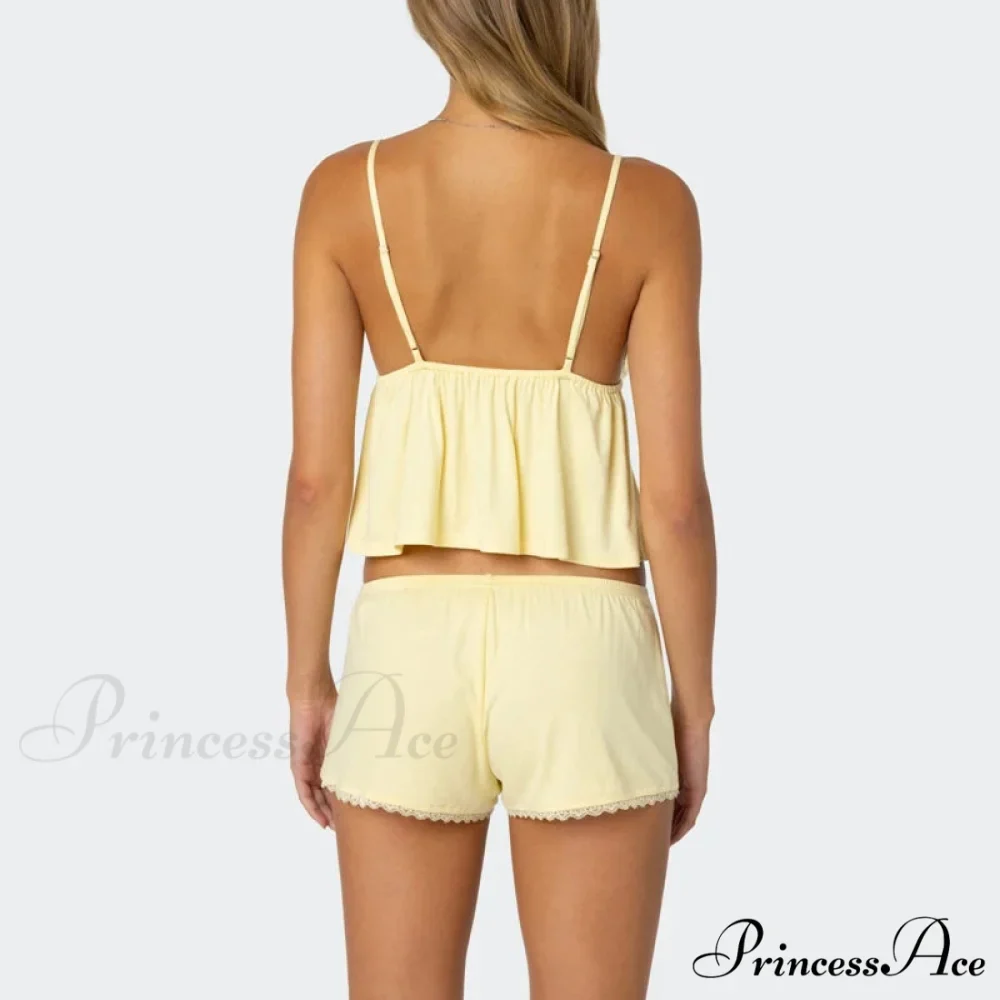 Sleeveless Deep Neck Cami Babydoll Crop Top Lace Trim Shorts Two Pieces Set - Image 5
