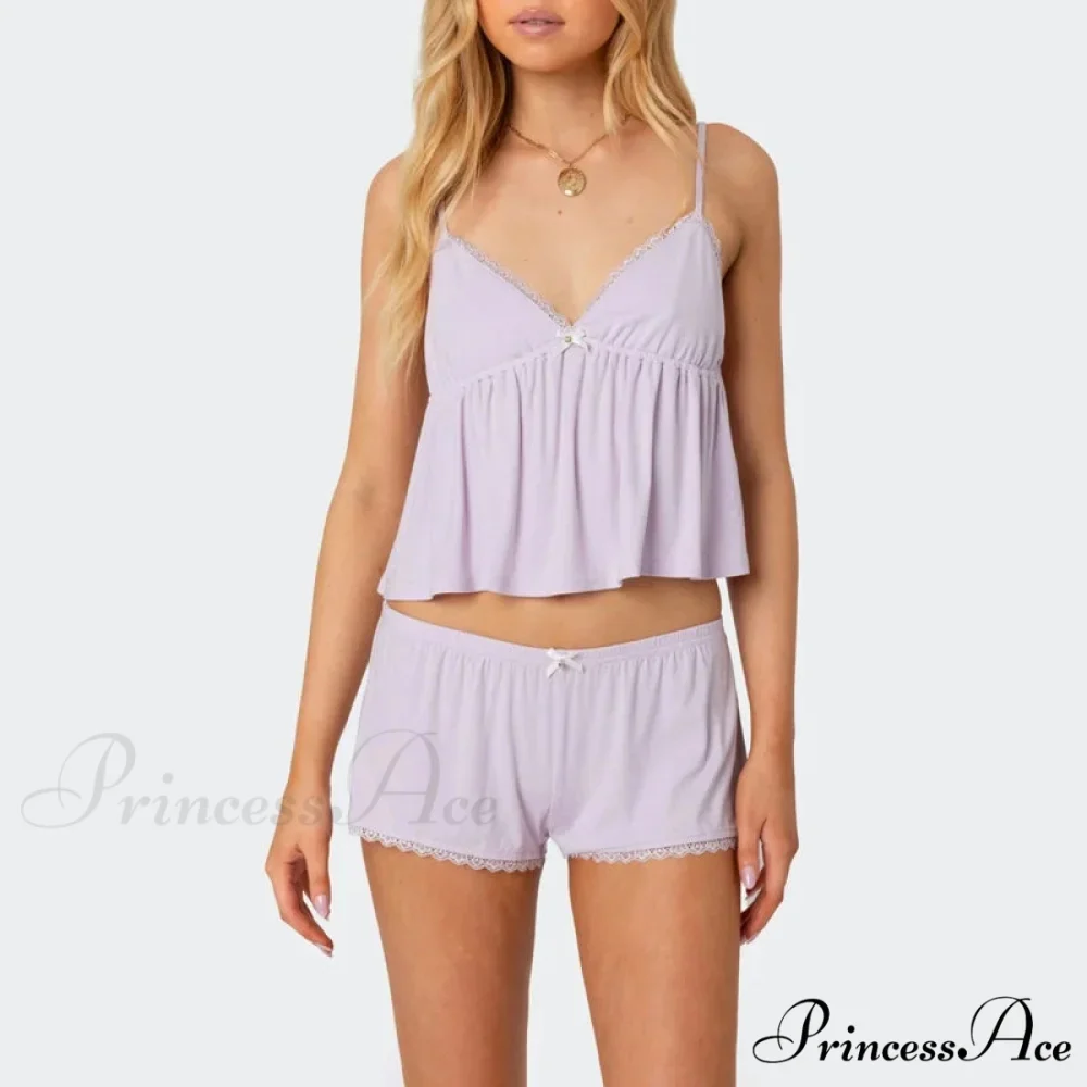 Sleeveless Deep Neck Cami Babydoll Crop Top Lace Trim Shorts Two Pieces Set - Image 6