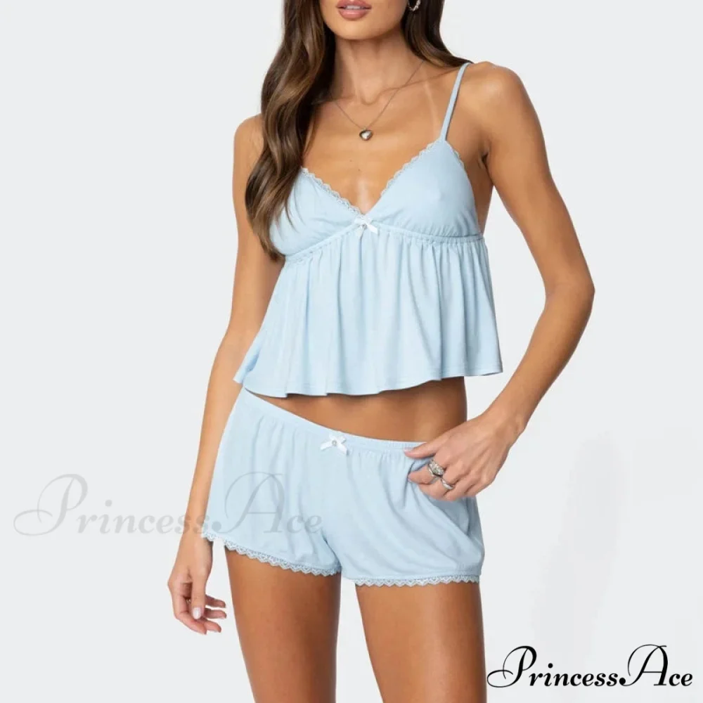 Sleeveless Deep Neck Cami Babydoll Crop Top Lace Trim Shorts Two Pieces Set - Image 7