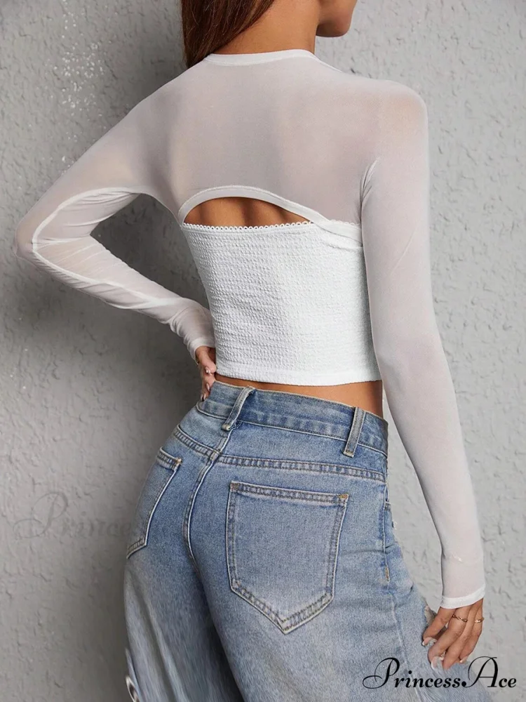 Sleeveless Deep-neck Net Cutout Long Sleeve Crop Top - Image 5