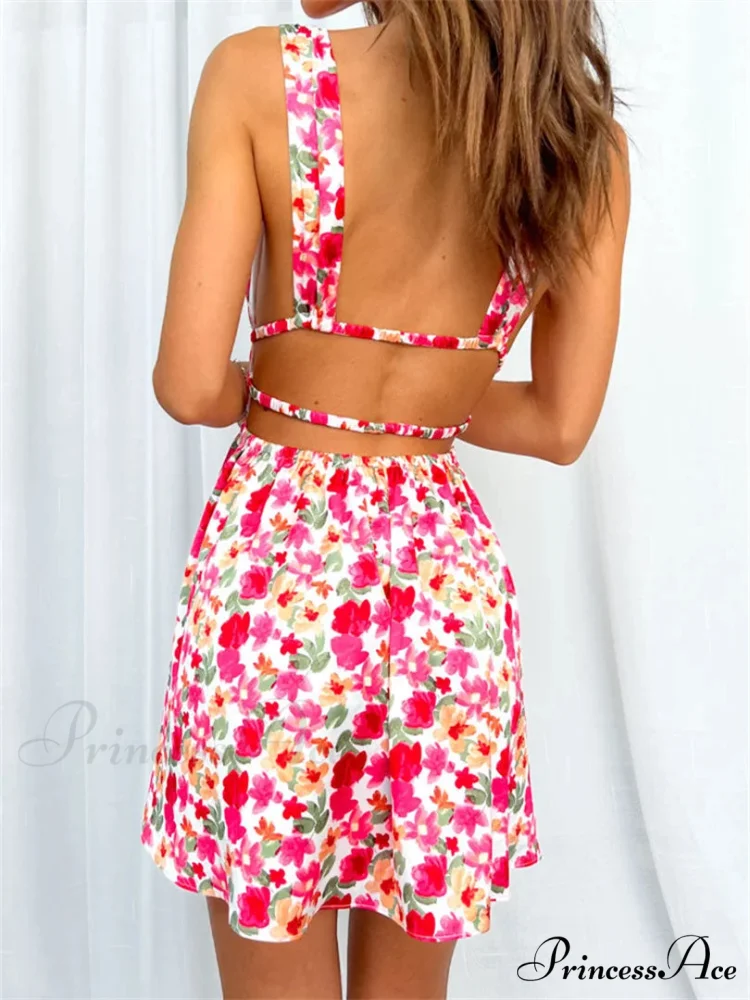 Sleeveless Floral Print Deep V Mini A-Line Flower Dress - Image 3