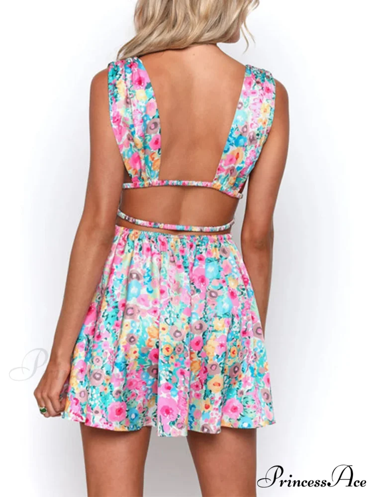 Sleeveless Floral Print Deep V Mini A-Line Flower Dress - Image 6