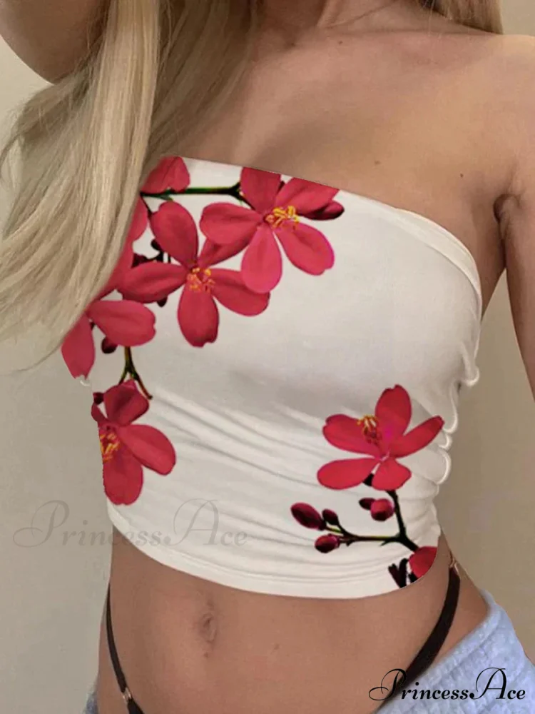 Sleeveless Flower Bandeau Tube Top Trim Fit Summer Crop Top