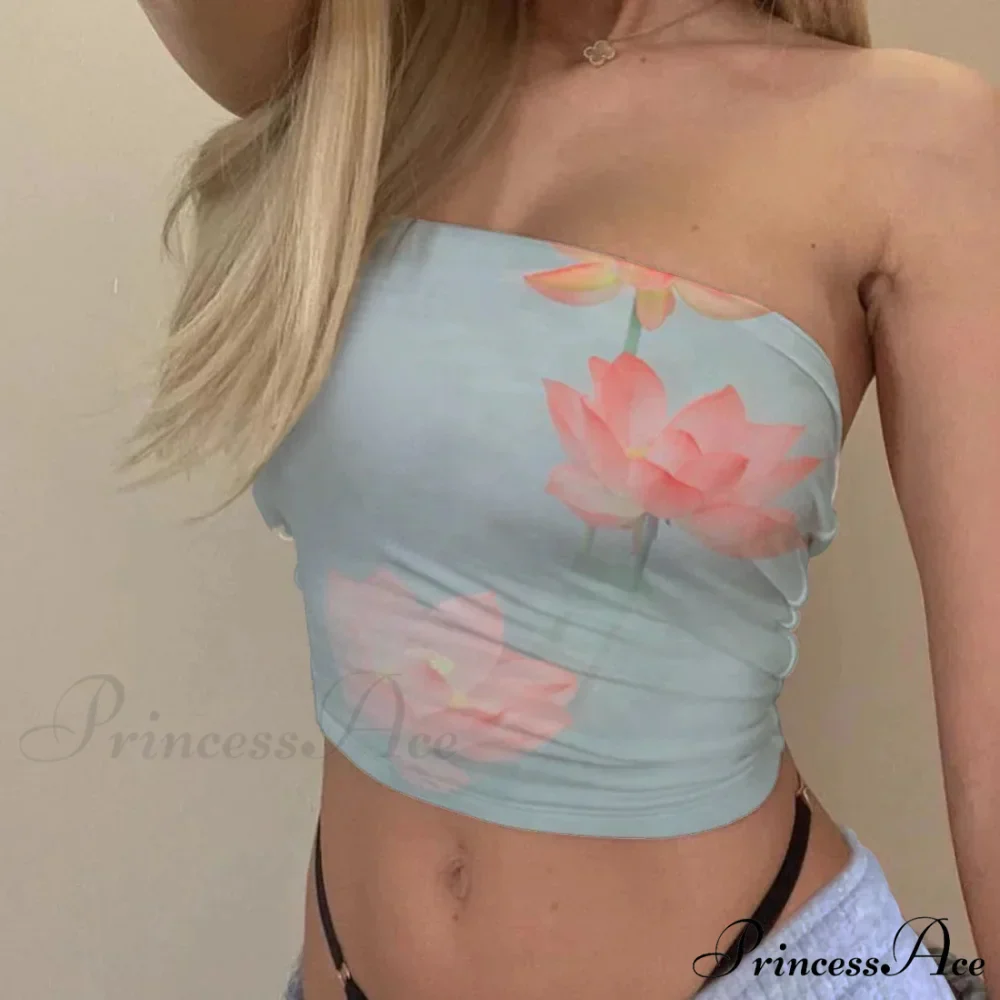 Sleeveless Flower Bandeau Tube Top Trim Fit Summer Crop Top - Image 4