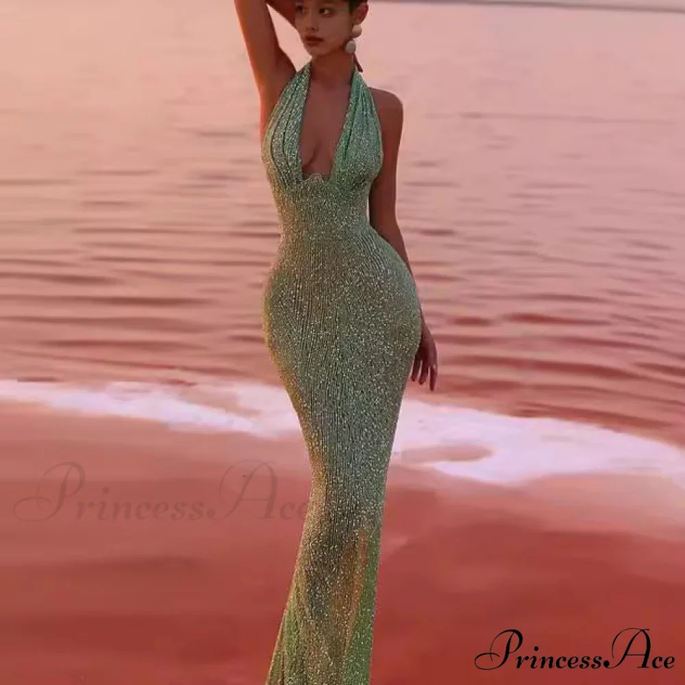 Sleeveless Halter Deep V Sparkling Prom Gown - Image 5