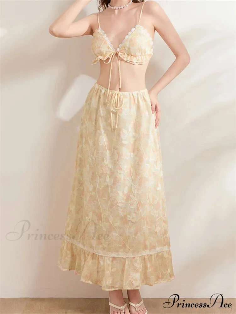 Sleeveless Lace-up Camisoles Crop Top with Maxi Skirts Set - Image 2