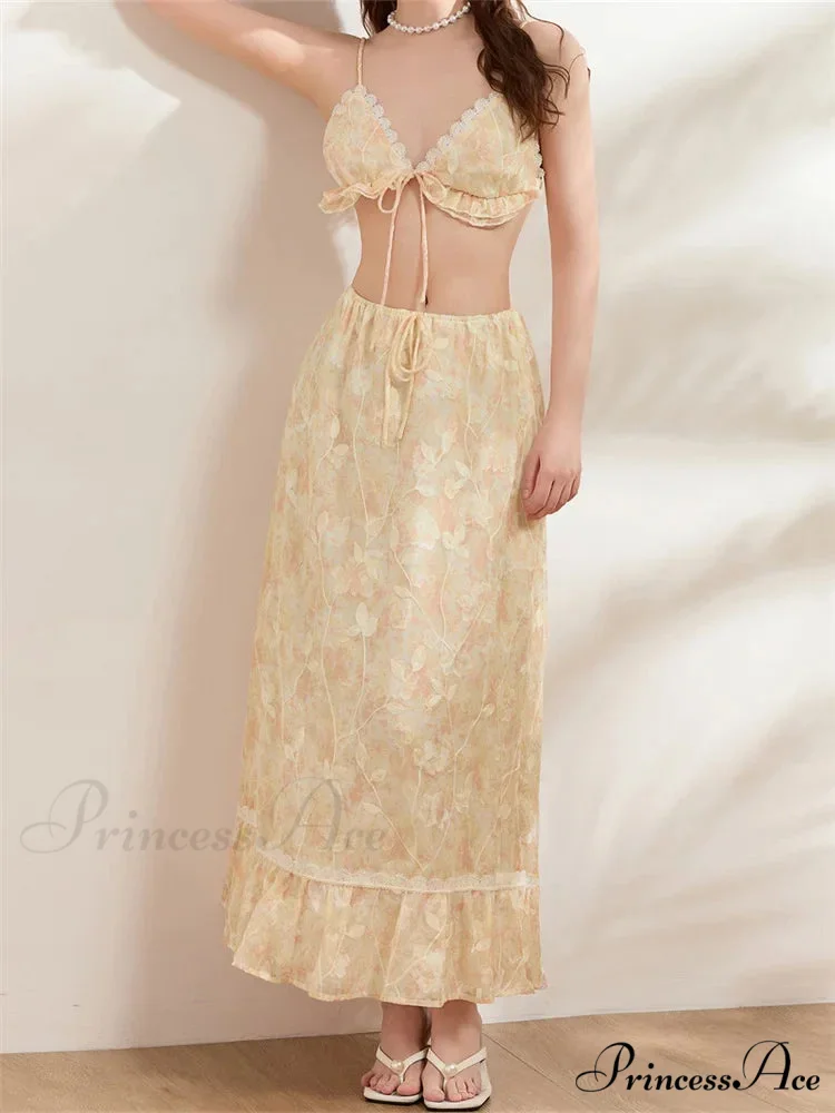 Sleeveless Lace-up Camisoles Crop Top with Maxi Skirts Set - Image 3