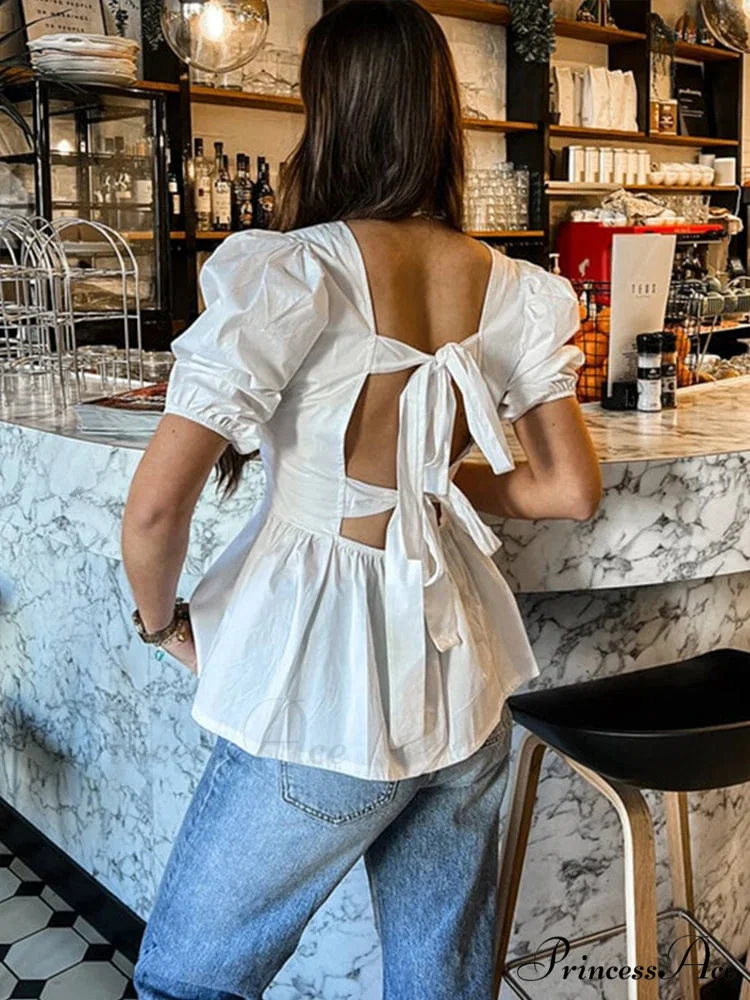 Sleeveless Lace Up Ribbon Short Sleeve Blouse - Image 2