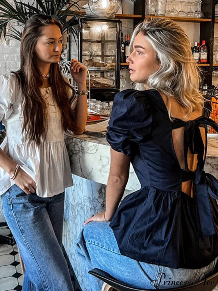 Sleeveless Lace Up Ribbon Short Sleeve Blouse - Image 3