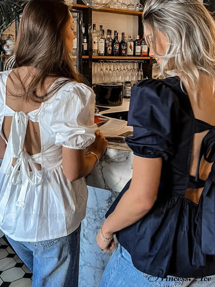 Sleeveless Lace Up Ribbon Short Sleeve Blouse - Image 4